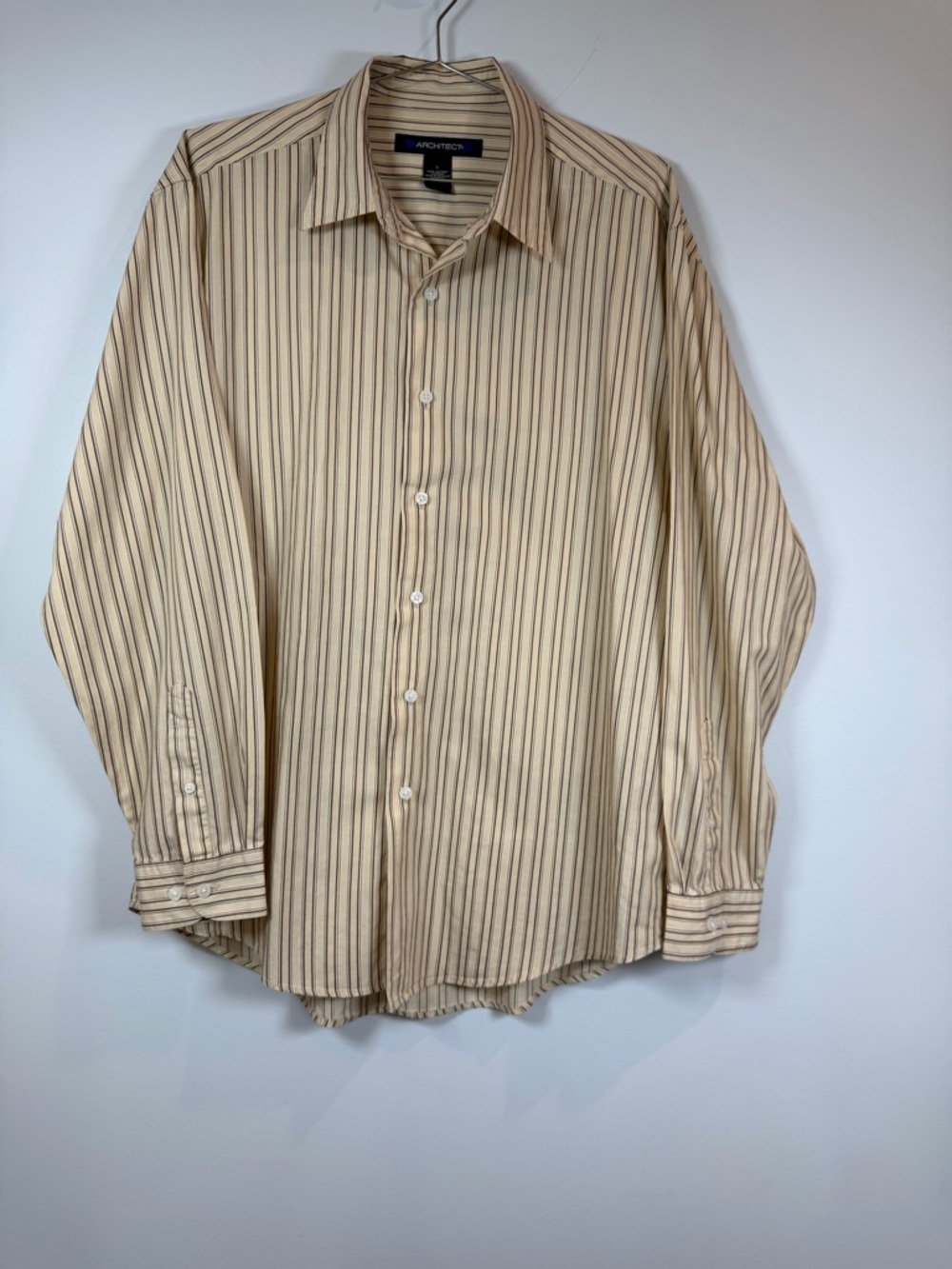 Architect Men's Beige and Brown Striped Dress Shirt Large
